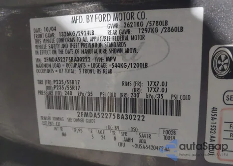 2005 Ford Freestar Sel z USA, uszkodzony, nr VIN 2FMDA52275BA30222